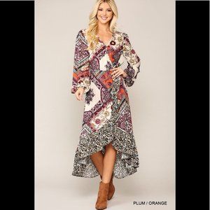 Scarf and Animal Print Mixed Surplice Dress
